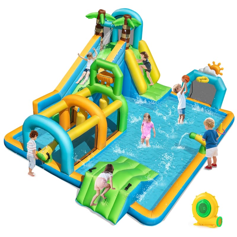Costway Inflatable Water Park with Climbing Wall Basketball Rim Target - Multi-Colored - With 680 blower