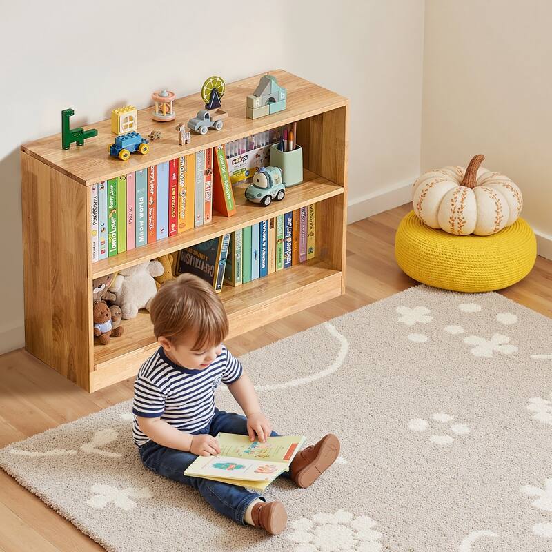 Brown Wooden Montessori Bookshelf with 2 Compartments and Top Storage - 35.43 x 11.81 x 23.62 in
