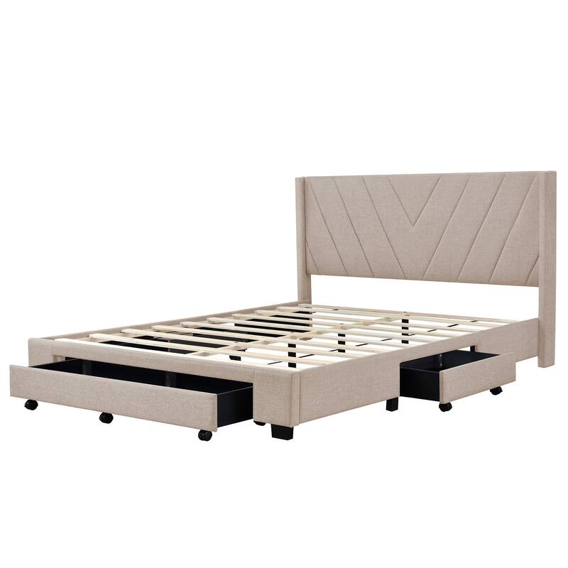 Linen Upholstered Queen Storage Bed: 3 Drawers, Sturdy Wood Frame