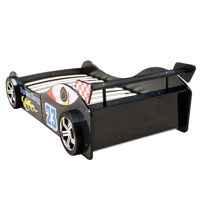 Twin Size Race Car Bed with LED Lights and Guardrail Solid MDF Frame