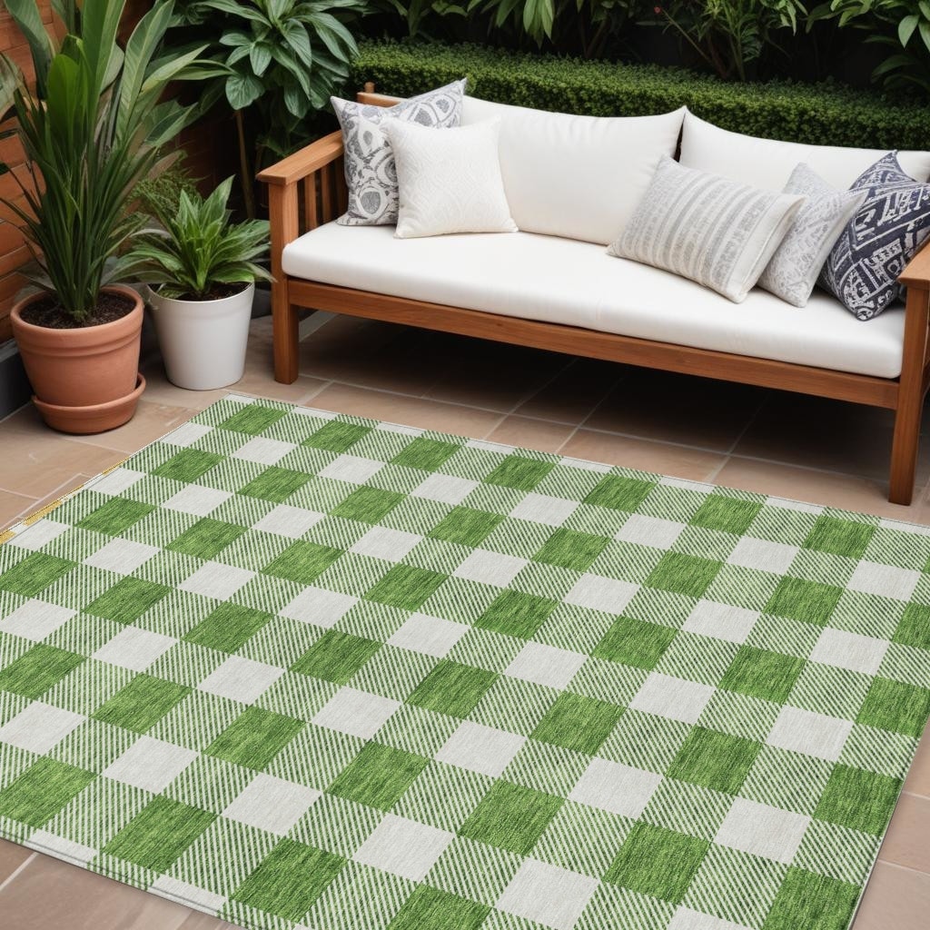 9' X 12' Green And Gray Plaid Washable Indoor Outdoor Area Rug - 9' x 12'