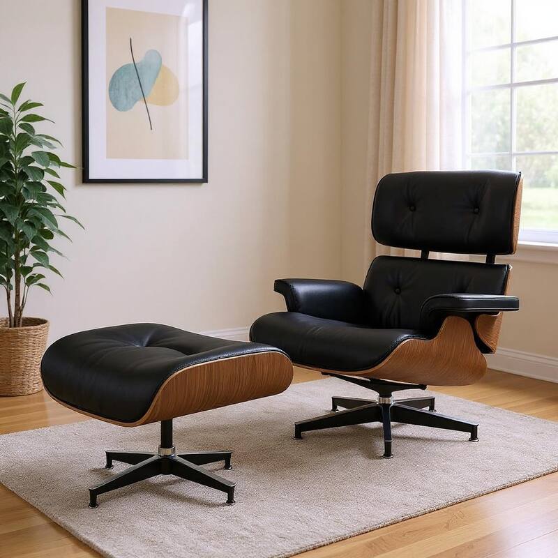 HomeRoots 28" Black and Light Brown Tufted Genuine Leather Lounge Chair With Ottoman - 28.30 in. x 29.00 in. x 20.50 in. - 28.30 in. x 29.00 in.  x 20.50 in.