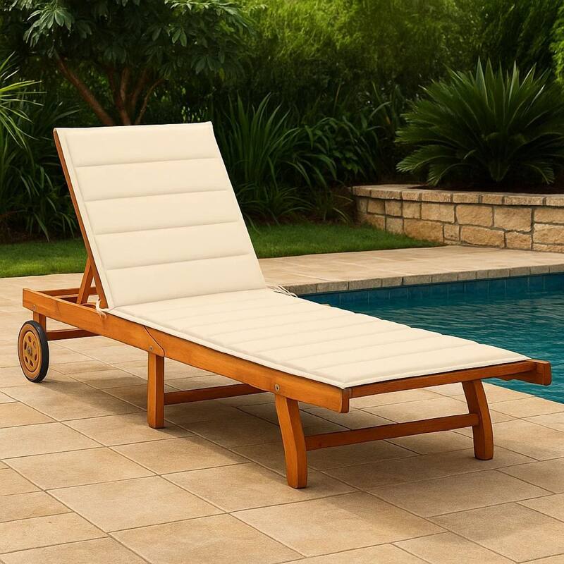Kaye Outdoor Sun Lounger, 79 Inch Brown Acacia Wood, Cream Polyester