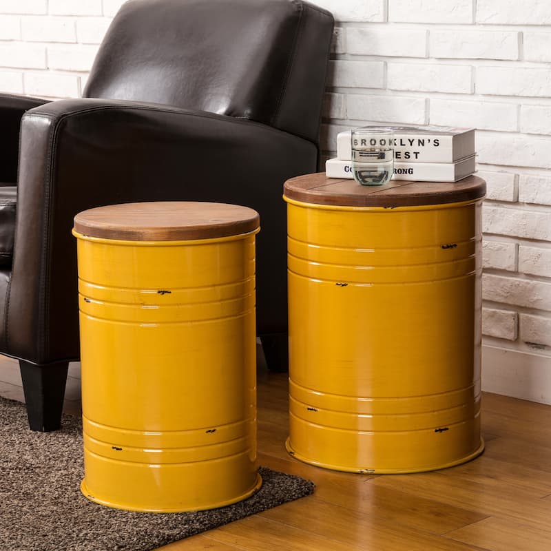 Glitzhome Industrial Farmhouse Round Storage Side Tables (Set of 2) - Yellow