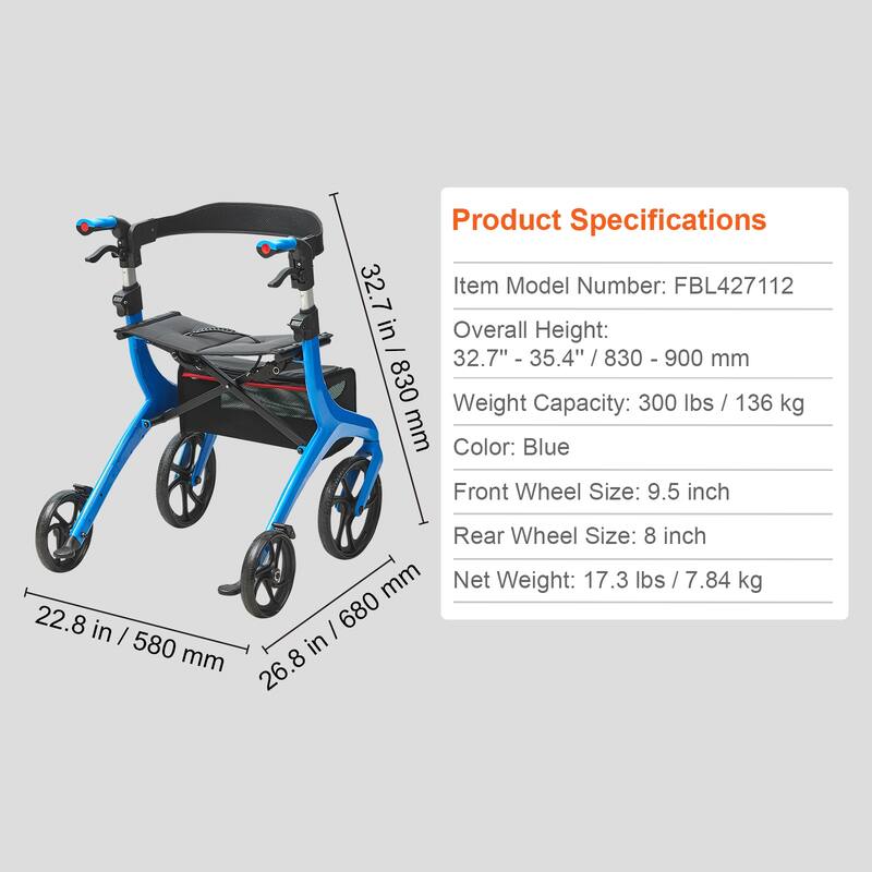 Folding Rollator Walker for Seniors and Adults, Lightweight Aluminum Rolling Walker with Seat and Adjustable Handle