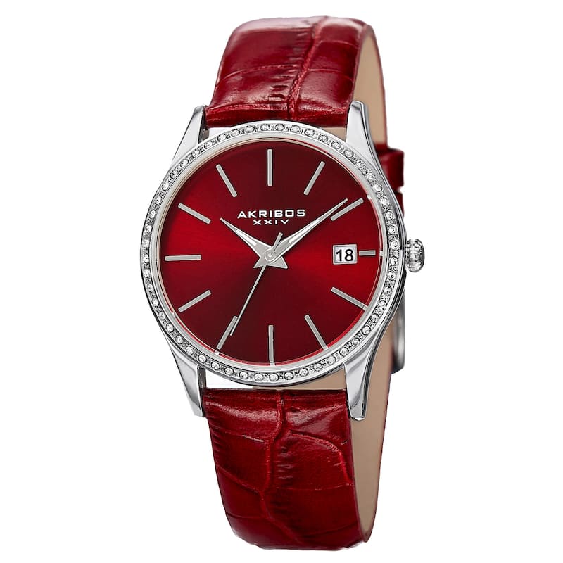 Akribos XXIV Women's Minimalist Dial Crystal Accent Leather Strap Watch