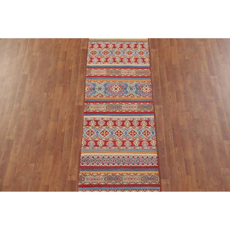 Hand Knotted Oriental 100% Wool Carpet Traditional All-Over Multi-Colored Kazak Runner Rug - 13' 11'' X 2' 6''