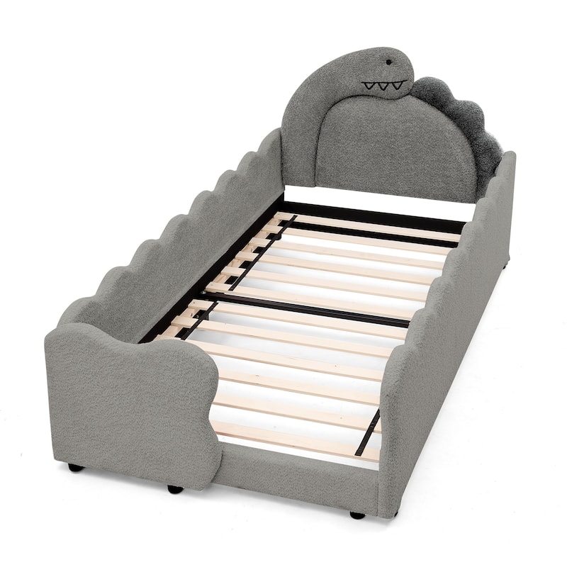 Twin Dinosaur-Shaped Kids Bed with Safety Guardrail - Solid Wood Toddler Bed Frame in Boucle Fabric