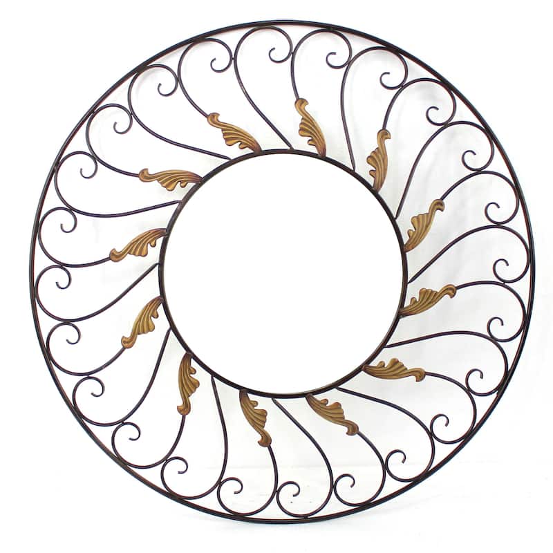 Round Metal Wall Mirror Set of 2 with Scroll Details, Bronze and Gold