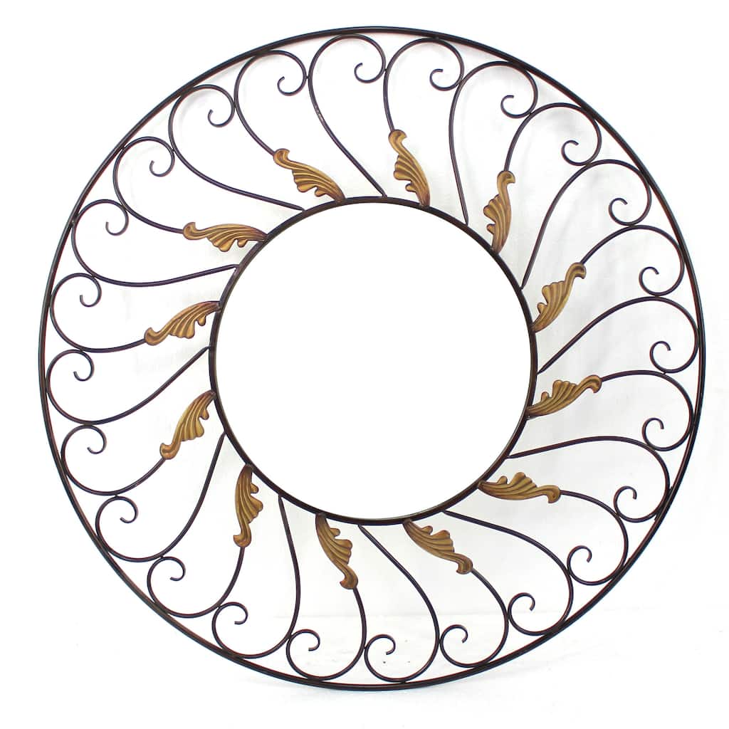 Round Metal Wall Mirror Set of 2 with Scroll Details, Bronze and Gold