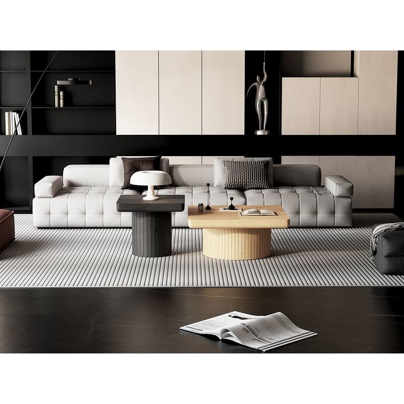 Wood Nesting Coffee Table Set, 2-Piece Coffee Table with Cylindrical Fluted Pedestal, Versatile Nesting Tables for Living Room