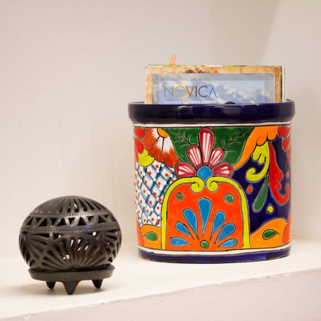 Novica Handmade Talavera Collector Ceramic Waste Bin