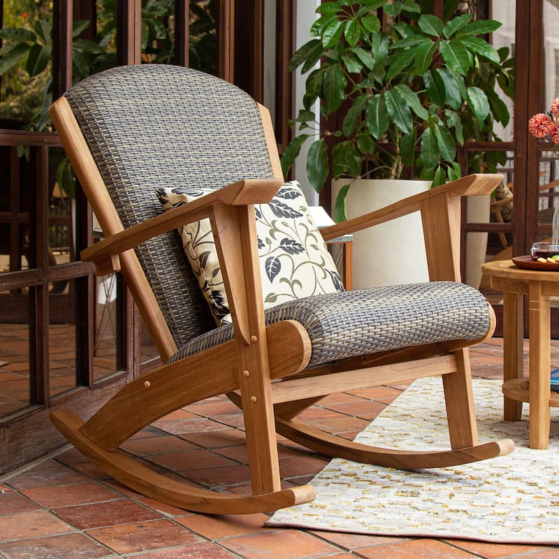 Cambridge Casual Auburn Upholstered Teak Outdoor Rocking Chair - Natural Teak/Gray Wicker