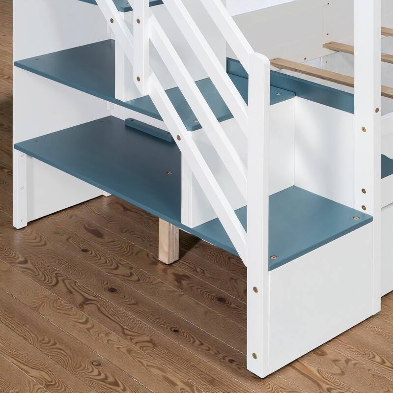 Twin Over Twin Bunk Bed with House Design, Staircase Storage Drawers and LED Lights, Kids Castle Bunk Bed