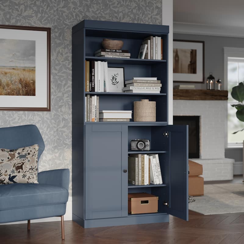 Solid Wood Tall Bookcase with Doors, Adjustable Shelves, Modular Storage, Open Display Bookshelf, 32" W x 71.5" H - Antique Blue
