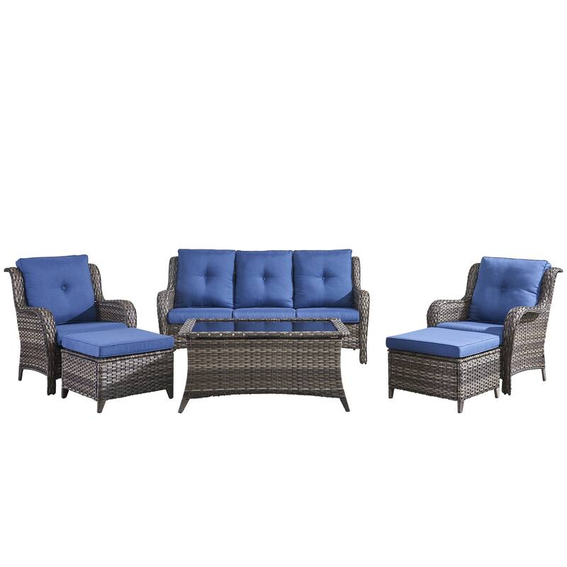 Pocassy 6 Pieces Outdoor 3-Seat Sofa Chairs Table Ottoman