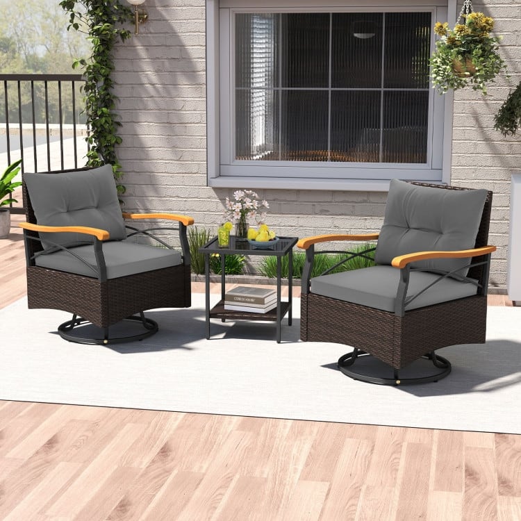 3 Piece Mix Brown Rattan Swivel Chairs Set with Cushions and Table - Chair: 27" x 25" x 33.5"