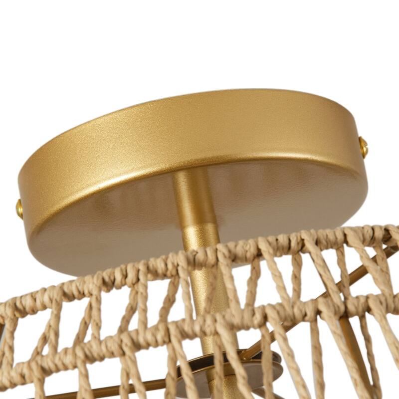 Farmhouse Painted Gold 2-Light Hand-woven Boho Semi Flush Mount Ceiling Light