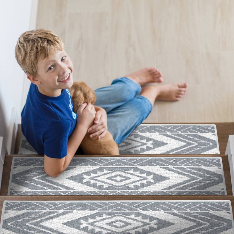 SussexHome Memorial Design 9" X 28" Stair Treads - 70% Cotton Anti-Slip Carpet Strips for Stairs-with Double Adhesive Tape - 4 PACK - Gray