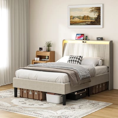 Platform Bed Frame with Fabric Upholstered Headboard and Wooden Slats Support, Fully Upholstered Mattress