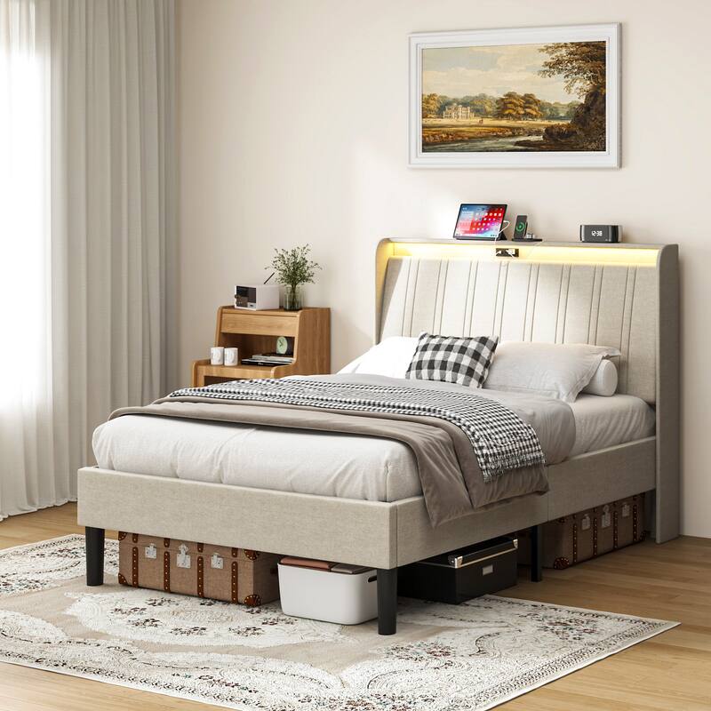 Twin Size Platform Bed Frame - Fabric Upholstered Headboard, Wooden Slats Support - Twin - Beige