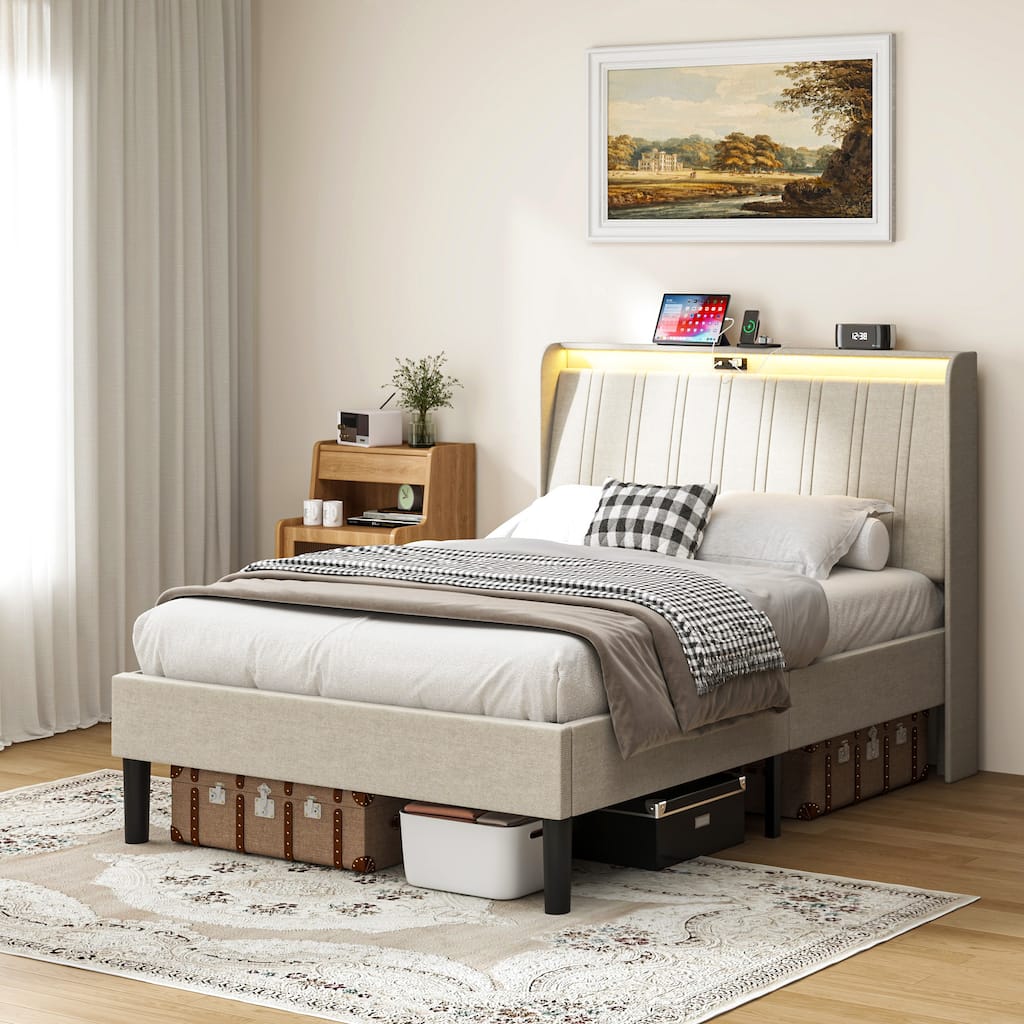 Twin Size Platform Bed Frame with Padded Upholstered Headboard, 2 USB Ports, 2 AC Outlets
