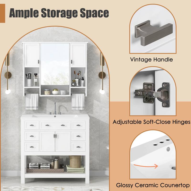 Bathroom Furniture Set of 2 - Vanity Cabinet with 6 Drawers and Open Shelf, Mirror Cabinet with 2 Towels Bars and 3 Open Shelves
