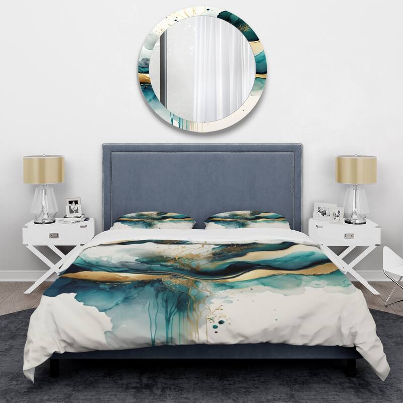 Designart "Teal And Gold Abstract Expression III" Turquoise Modern - Bed Cover Set With Shams