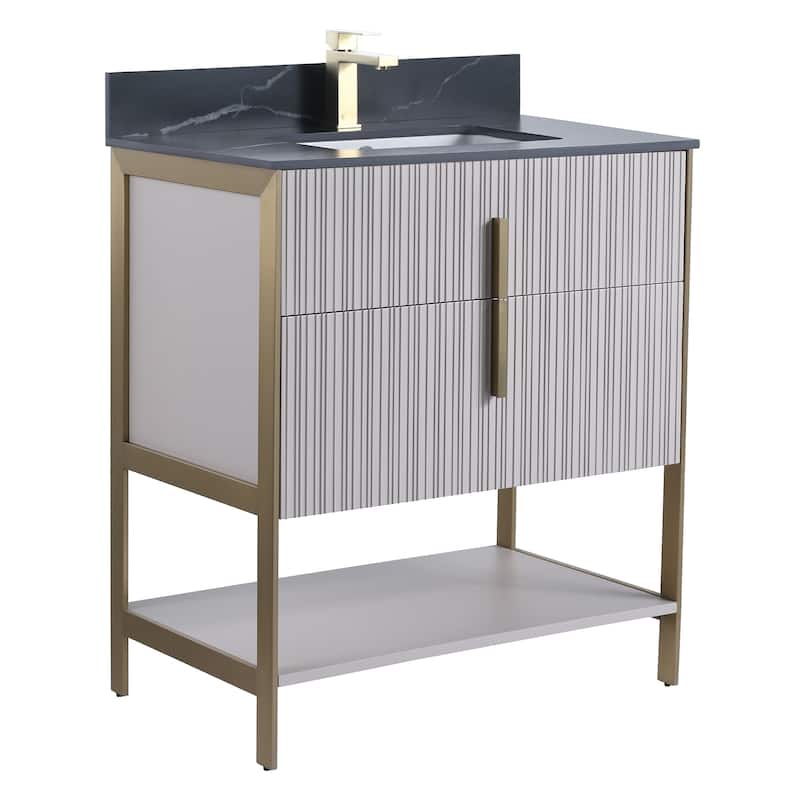 Fine Fixtures Serenity Modern Bathroom Vanity with Black Sintered Stone Top - Bright Taupe - Brass Hardware - 30 inch