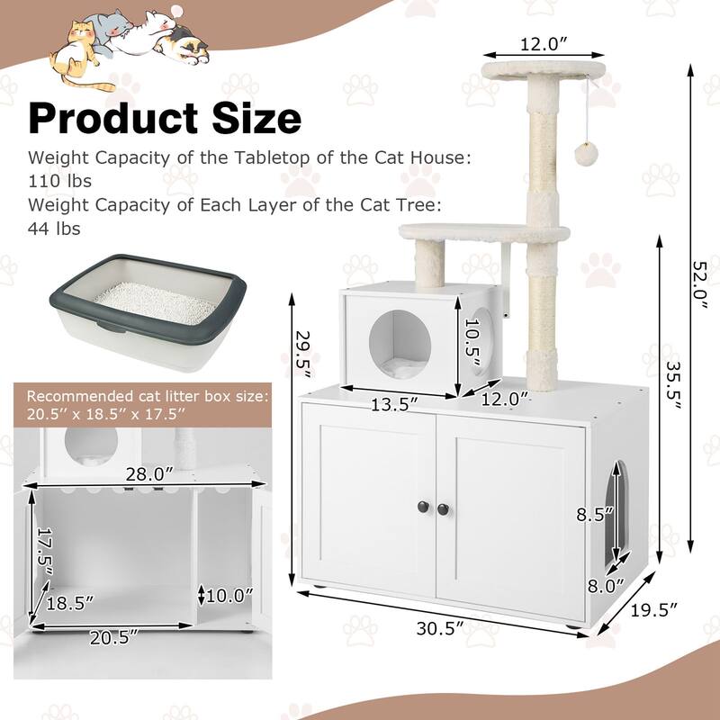2in1 Wooden Litter Box Enclosure w/ Cat Tree Hidden Storage Furniture