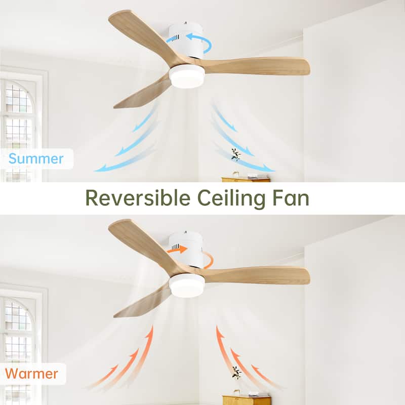 52 Inch Decorative Smart Ceiling Fan With 6 Speed Remote White 3 Solid Wood Blades Reversible DC Motor For Living Room