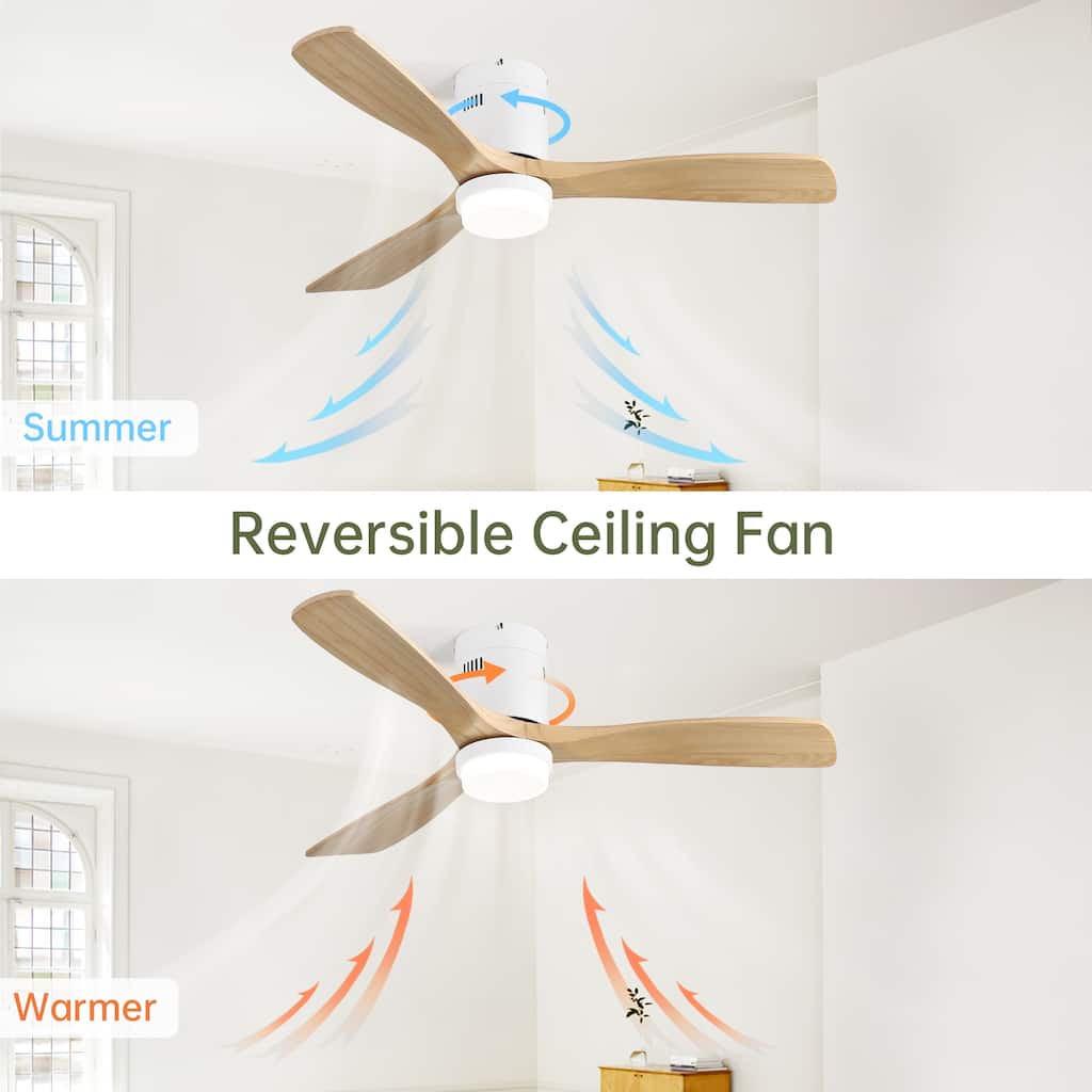 52 Inch Wooden Ceiling Fan With 18W Led Light 3 Solid Wood Blades Remote Control Reversible DC Motor for Home