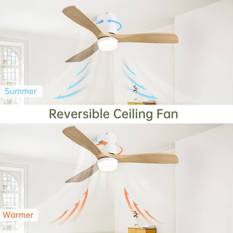 Wooden Ceiling Fan with Dimmable 3-Color LED Light & 6-Speed DC Motor, Flush Mount Fan with Timer Fuction - White