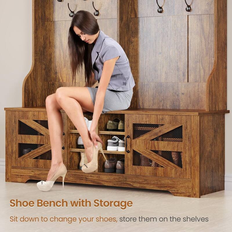 Hall Tree w/ Bench Shoe Storage Shoe Cubby Barn Door Adjustable Shelf
