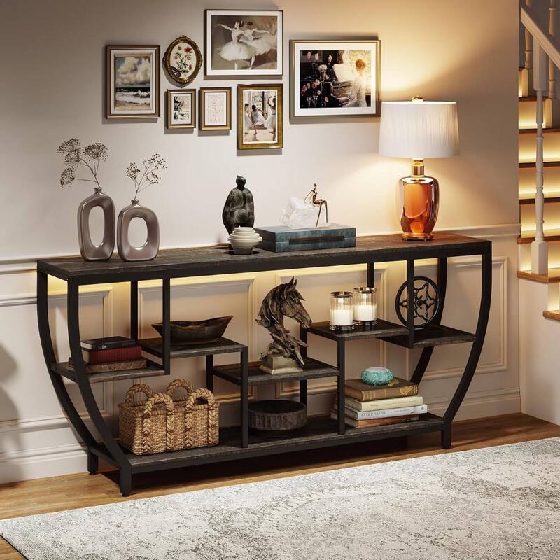 70 Inch Industrial Sofa Table with Rustic Wood Shelves and Black Metal Frame for Living Room - 70.86’’W x 11.81" D x 35.43’’H