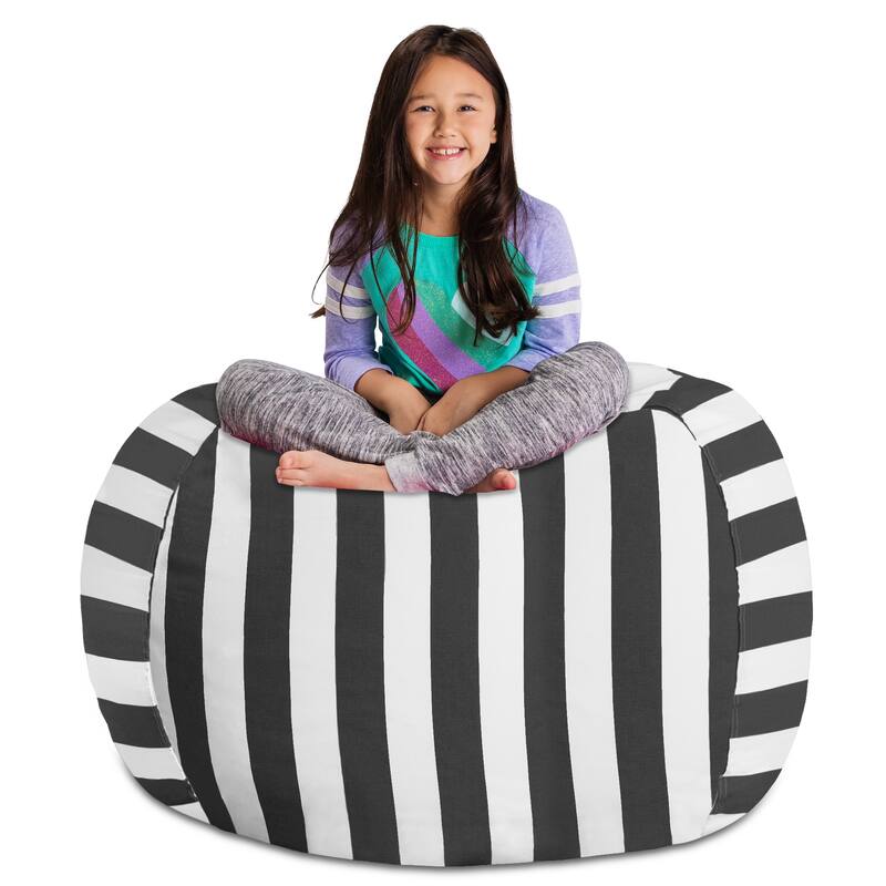 Kids' Stuffed Animal Storage Bean Bag Chair Cover or Toy Organizer - 48 Inches Extra Large - Canvas Stripes Gray and White