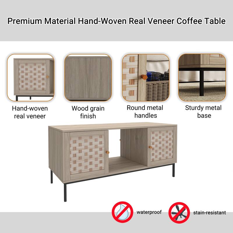 Bohemian-Style Coffee Table with Woven Design, Featuring 4 Sliding Doors and Storage Cabinets, for Living Room