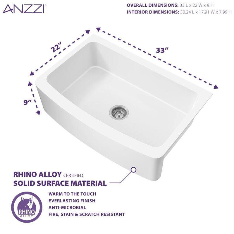 ANZZI Mesa Matte White Solid Surface Farmhouse 33 in. Single Bowl Kitchen Sink with Strainer
