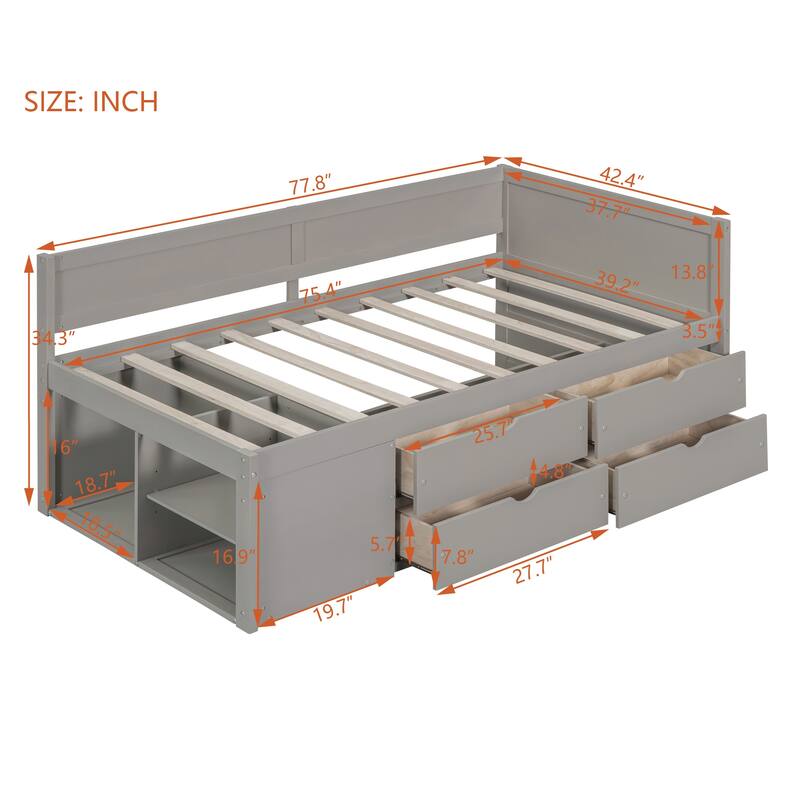 Storage Bunk Bed with Trundle, Full/Twin Size Bed Frame with 3 Drawers and Shelves