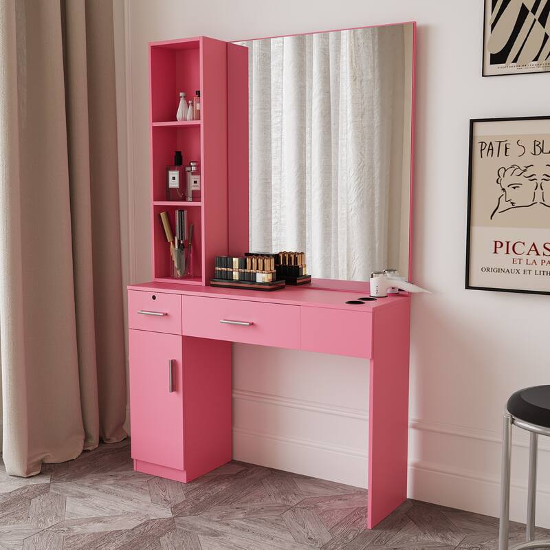 Salon Vanity with Mirror, Barber Beauty Spa Styling Station with Storage, Pink