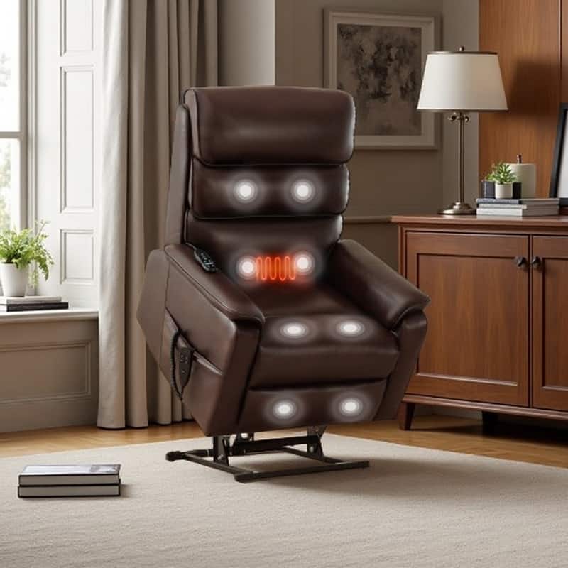Dual Motor Power Lift Recliner Chair, with Heat & Massage, 350lbs Capacity, Infinite Position, Power-Remote, Side Pockets - LeatherBrown