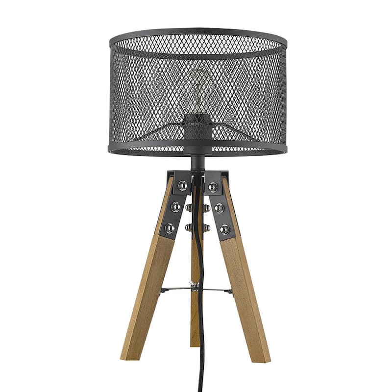Modern Brown Wood Tripod Table Lamp with Black Drum Shade for Accent Lighting - 11.50" x 11.50" x 20"