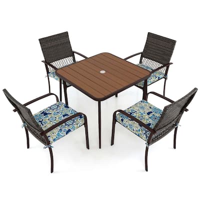 Costway 5 PCS Patio Dining Set with Wood-Plastic Tabletop & Umbrella - 5 PCS