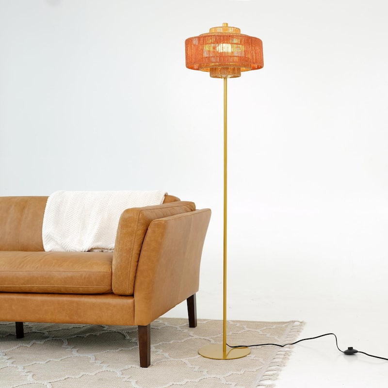 Modern Tripod Floor Lamp, Living Room Standing Lamp with Fabric Shade - Gold