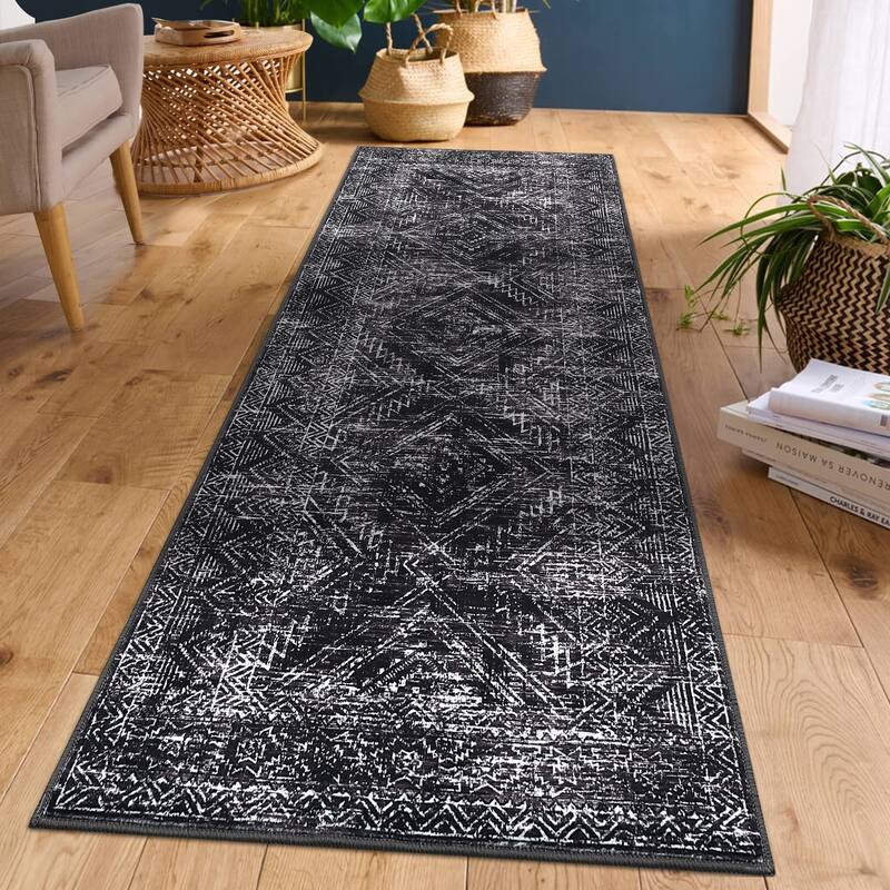 Vintage Geometric Living Room Rug Washable Indoor Bedroom Rugs Non Slip Low Pile Area Rug - 2'x6' - Black