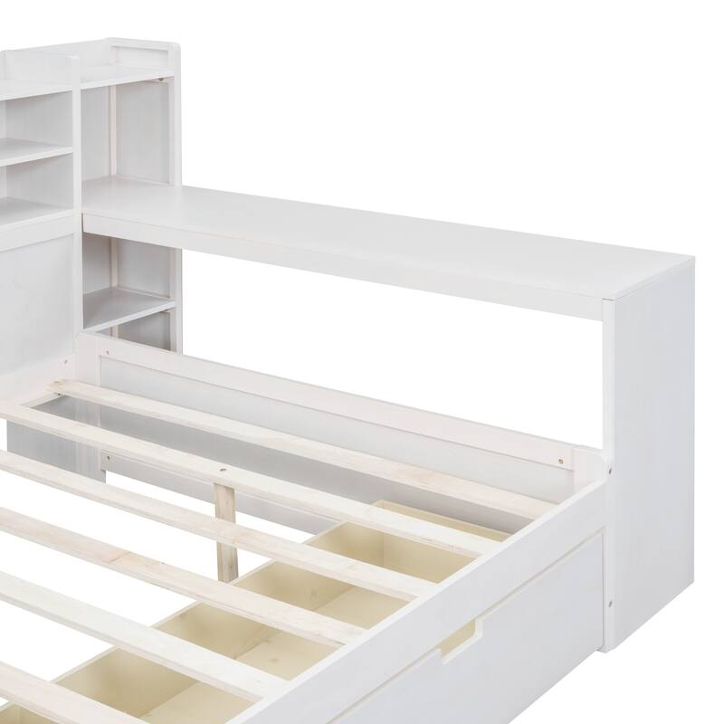 Full Size Wooden Daybed with Storage Drawers and Built-in Study Desk - Multi-functional Bed in Antique White