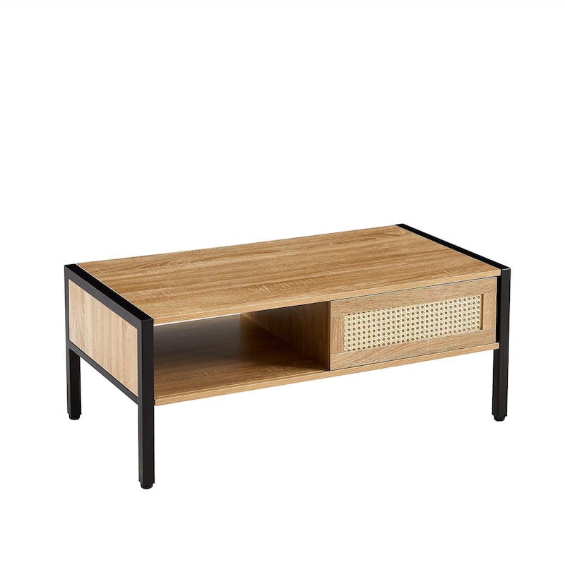 40.16"Rattan Coffee table,sliding door for storage,metal legs,Modern table for living room