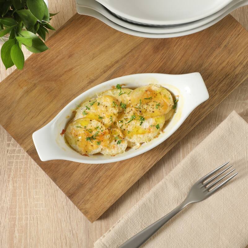 Gibson Home Gracious Dining Oval Au Gratin Baking Dishes, 4-Piece Set - 9oz or 15oz Oven Safe Ceramic with Handles - white