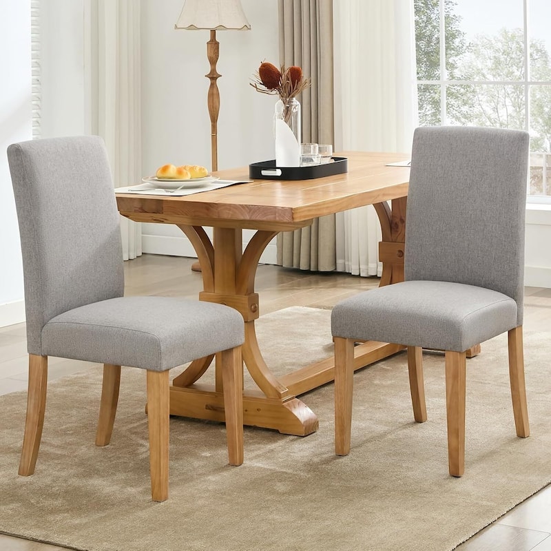 Upholstered Dining Chairs Set of 2, with Nailhead Trim & Padded Seat, Wood Legs, Fabric/Leather Options - Grey - Wood