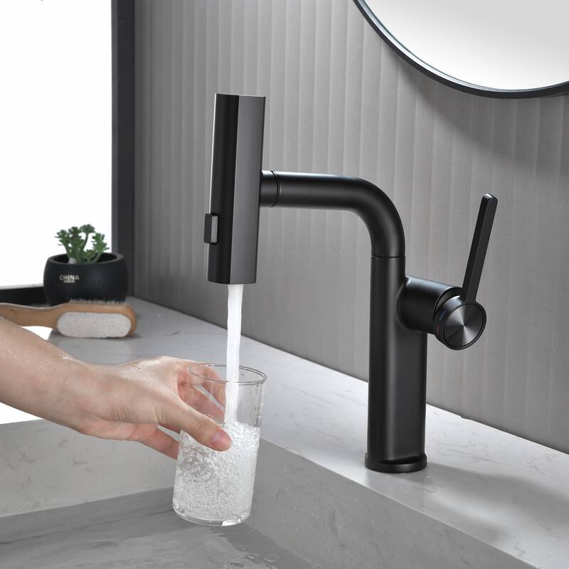 Modern 180 Degree Swivel Single Handle Bathroom Faucet with Pull Down Sprayer 3-Function Mode
